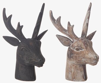 Foto av två stiliserade hjorthuvuden i träskulptur