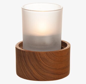 Foto av stilren ljuslykta med teak och frostat glas