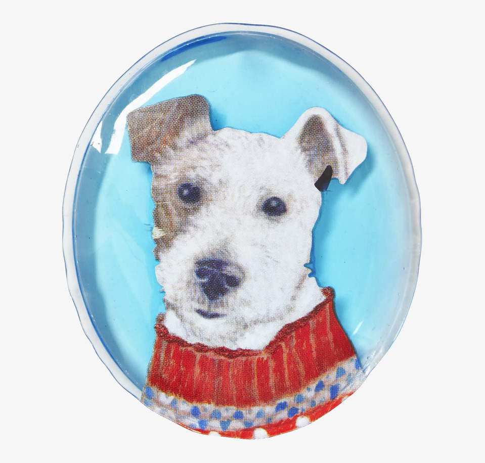 Bild av oval handvärmare med charmig hundillustration