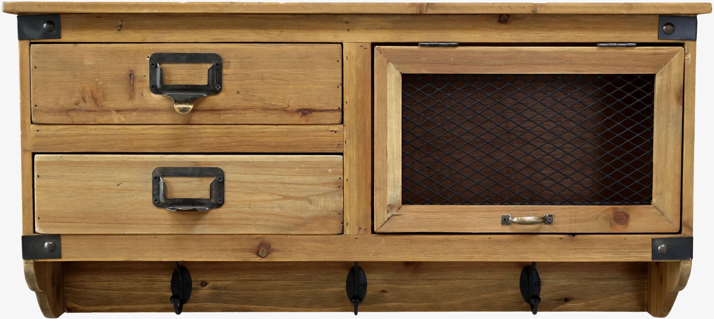 Bild av rustik vägghylla med lådor och krokar