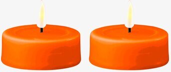 Foto av två orange LED-värmeljus med realistisk glöd