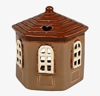 Bild av keramikljuslykta med charmig husdesign