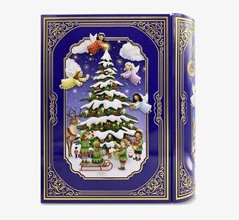 Bild av dekorativ plåtburk med julscen och änglar