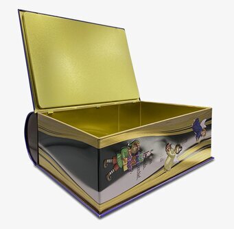 Bild av dekorativ plåtburk med juldesign i bokform