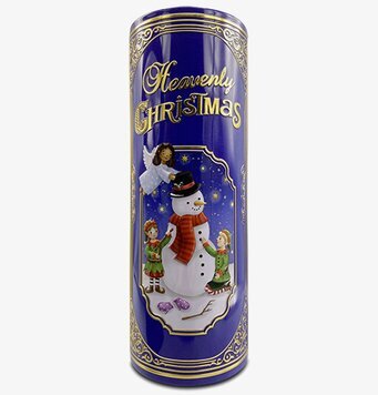 Bild av festlig plåtburk med julmotiv och snögubbe