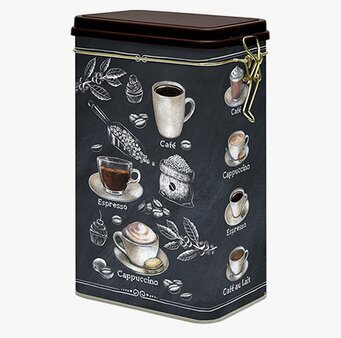 Bild av stilfull plåtburk med kaffemotiv och detaljer