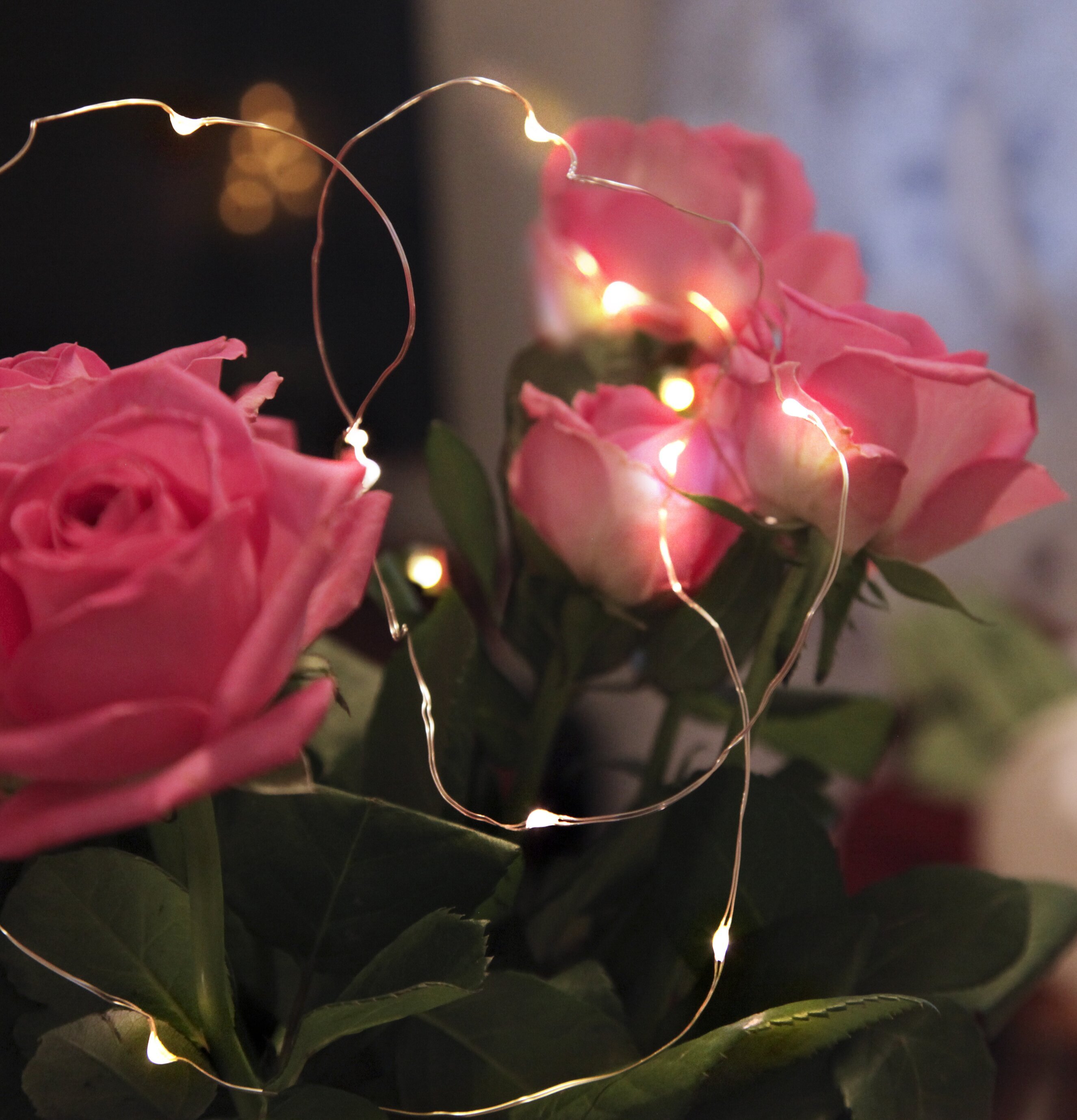 Trådslinga Dew Drop 12 från Star Trading runt rosa rosor