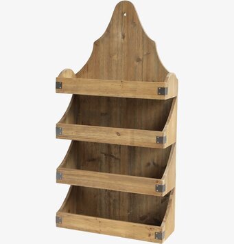 Foto av rustik trähylla med metallhörn och böjd topp