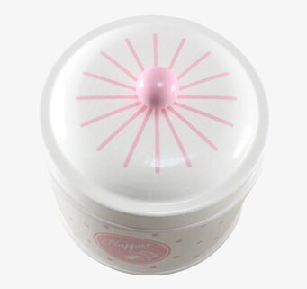 Bild av rund plåtburk med rosa detaljer och etikett