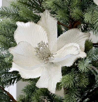Bild av elegant vit julblomma med glittrande detaljer