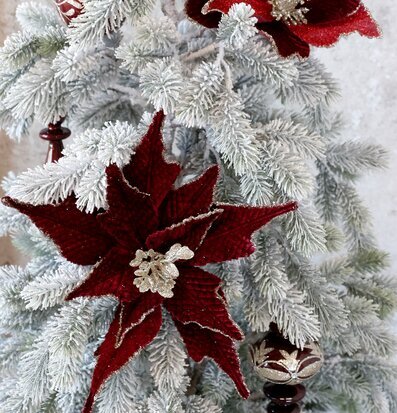 Bild av julgran med röda blommor och snötäckta barr