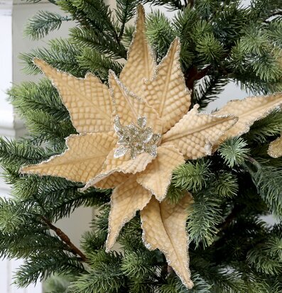 Foto av dekorativ julblomma med glittrande detaljer