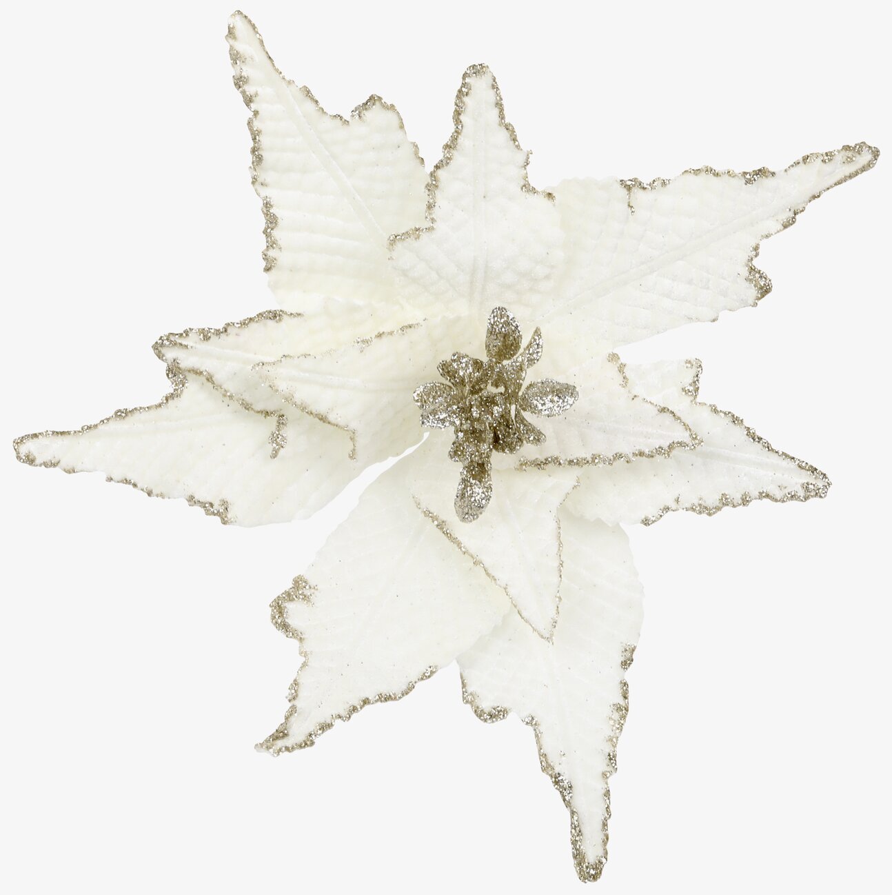 Bild av vit julblomma med glitter och clip för dekoration