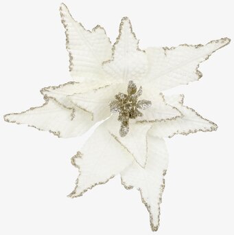 Bild av vit julblomma med glitter och clip för dekoration