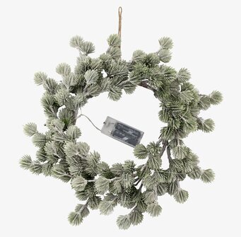 Foto av elegant krans med LED-belysning och frostad look