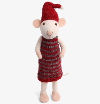 Bild av charmig julmus i röd klänning och tomteluva