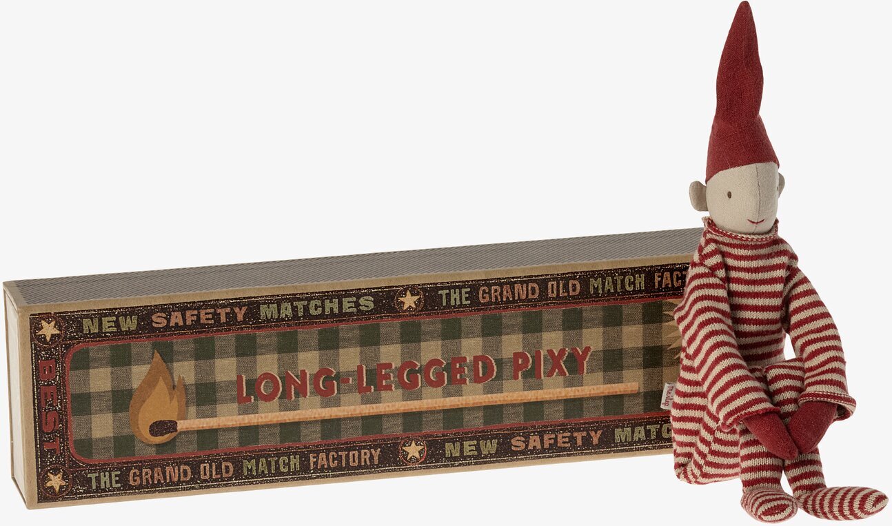 Long Legged Pixy från Maileg i röd- och vitrandig outfit