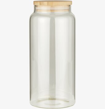 Foto av glasburk med bambulock för köksförvaring