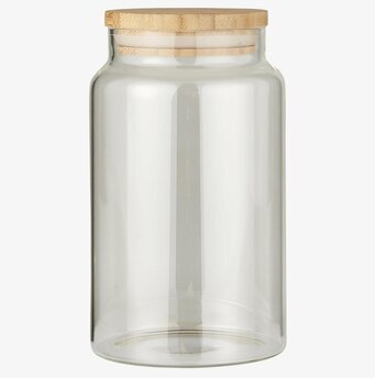 Foto av stilren glasburk med bambulock för hemmet