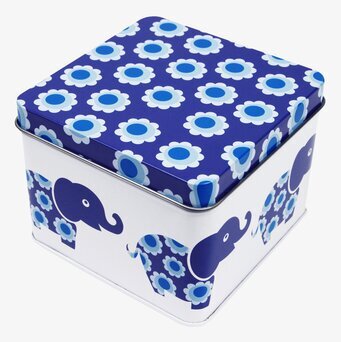 Bild av stilren blå box med elefanter och blommönster