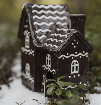 Foto av vackert utformat pepparkakshus i vintermiljö