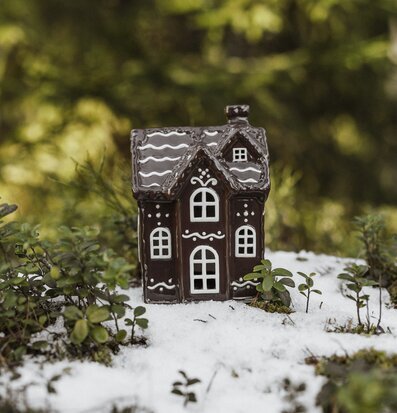 Foto av charmig ljuslykta som pepparkakshus i naturen