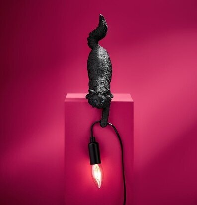 Bild av unik bordslampa med katt och rosa bakgrund