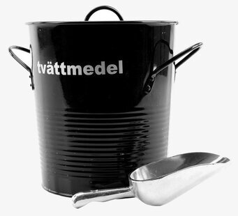 Bild av stilren svart plåtburk för tvättmedelsförvaring