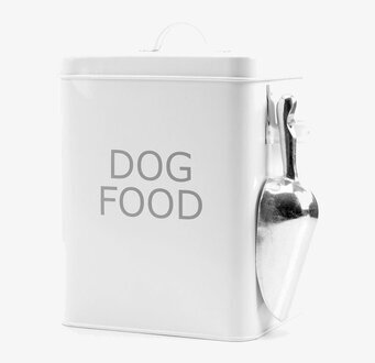 Bild av vit plåtburk för hundmat med stilren design