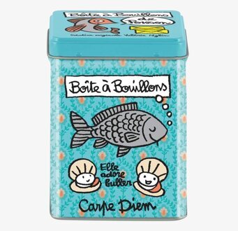 Bild av färgstark plåtburk med fiskmotiv och kockar