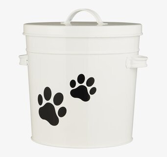 Bild av vit hink med svarta tassavtryck och lock