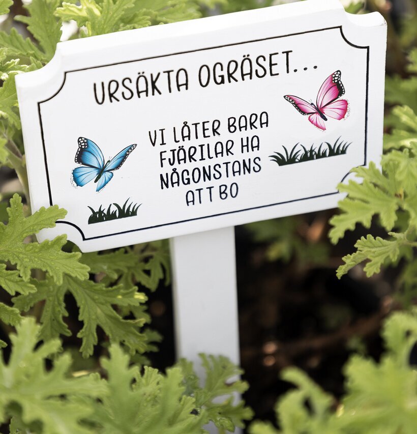 Bild av trädgårdsskylt med fjärilar och gröna blad
