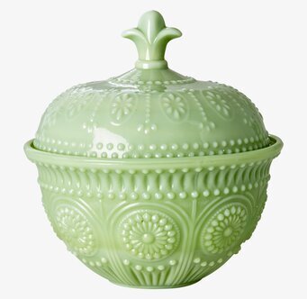 Bild av elegant grön skål med lock och dekorativa mönster