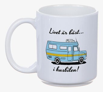 Bild av mugg med husbilsmotiv och inspirerande text