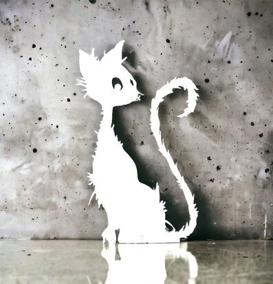 Foto av stilren vit kattsilhuett mot betongvägg