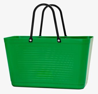 Bild av grön plastväska med svart handtag och textur