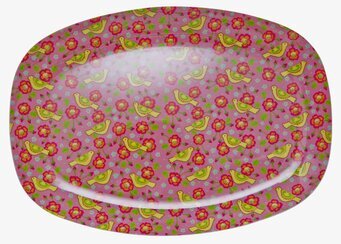 Bild av färgglad tallrik med fågel- och blommönster