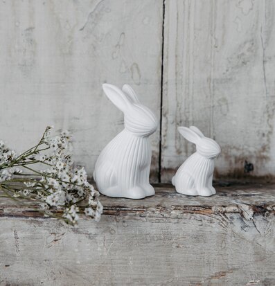 Foto av dekorativa vita kaniner på rustik träyta