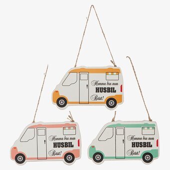 Bild av dekorativa skyltar formade som husbilar
