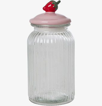 Bild av stilren glasburk med färgglatt jordgubbslås