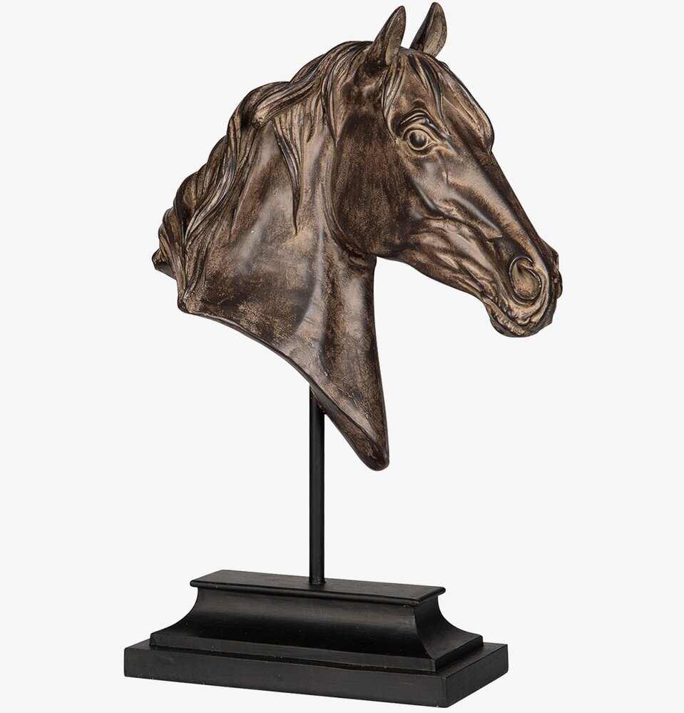 Bild av skulptur: Hästhuvud på stativ i brun nyans