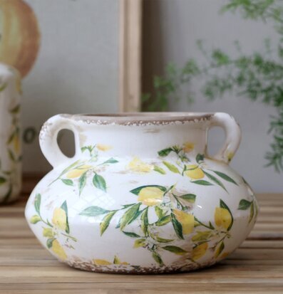 Foto av rustik kruka med citronmotiv och gröna blad