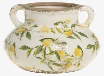 Bild av vacker terrakottakruka med citronmönster