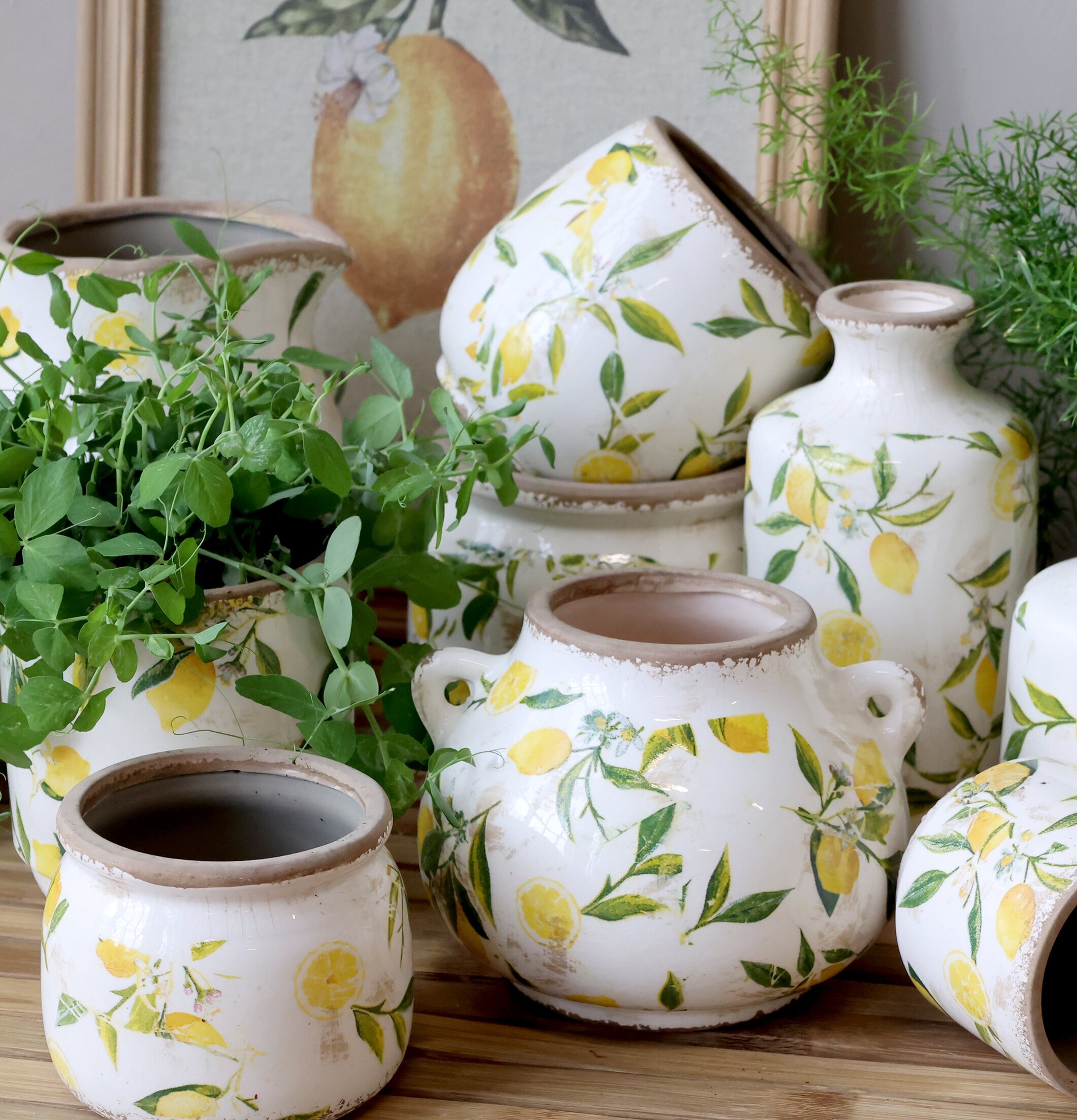 Kruka Limone Creme Ø15cm från Chic Antique med citronmönster