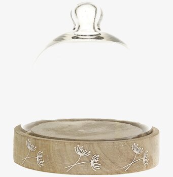 Bild av elegant serveringskupa med glaskupol och träbas