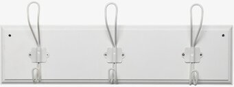 Foto av vit klädhängare med tre krokar i metall