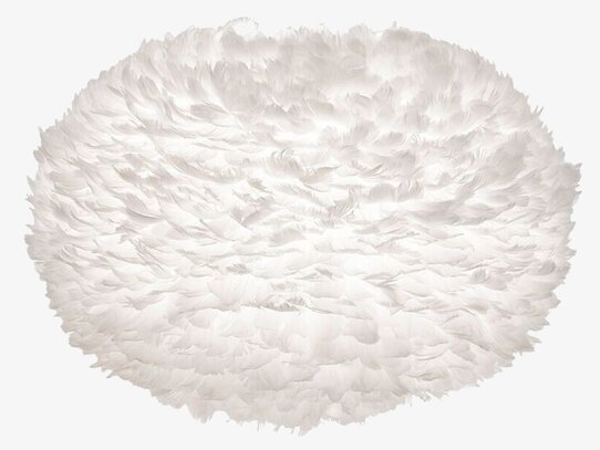 Bild av stor vit lampskärm med fjädrar och mjukt sken