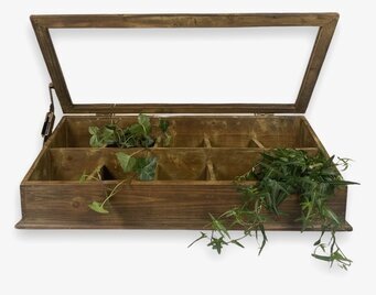 Foto av träbox med glaslock och organiserade fack