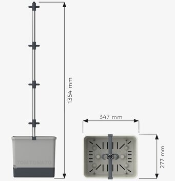 Bild av tomatkruka med vattentank och stödstruktur