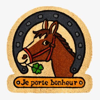 Bild av dörrmatta med hästmotiv och lyckosymboler